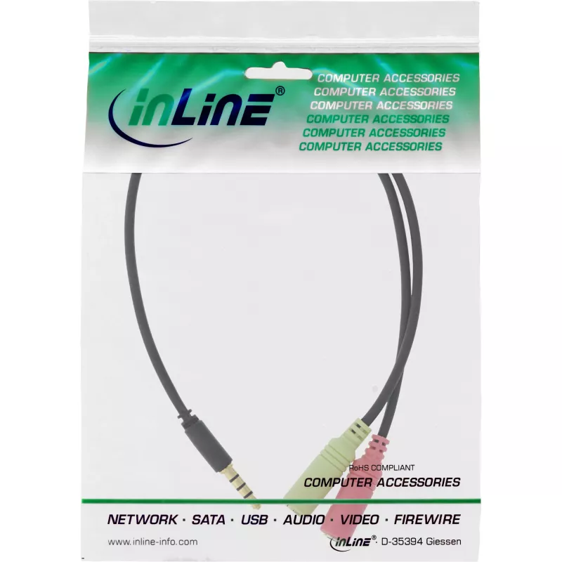 InLine Cable adaptador de audio para headset 3,5 mm conector macho 4 polos / 2x 3,5 mm, negro, 2 m