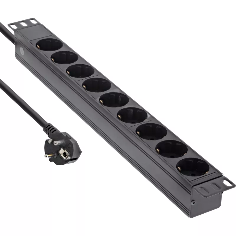 InLine Regleta de enchufes de 19 pulgadas, 9 tomas Schuko, sin interruptor, 2 m, negro