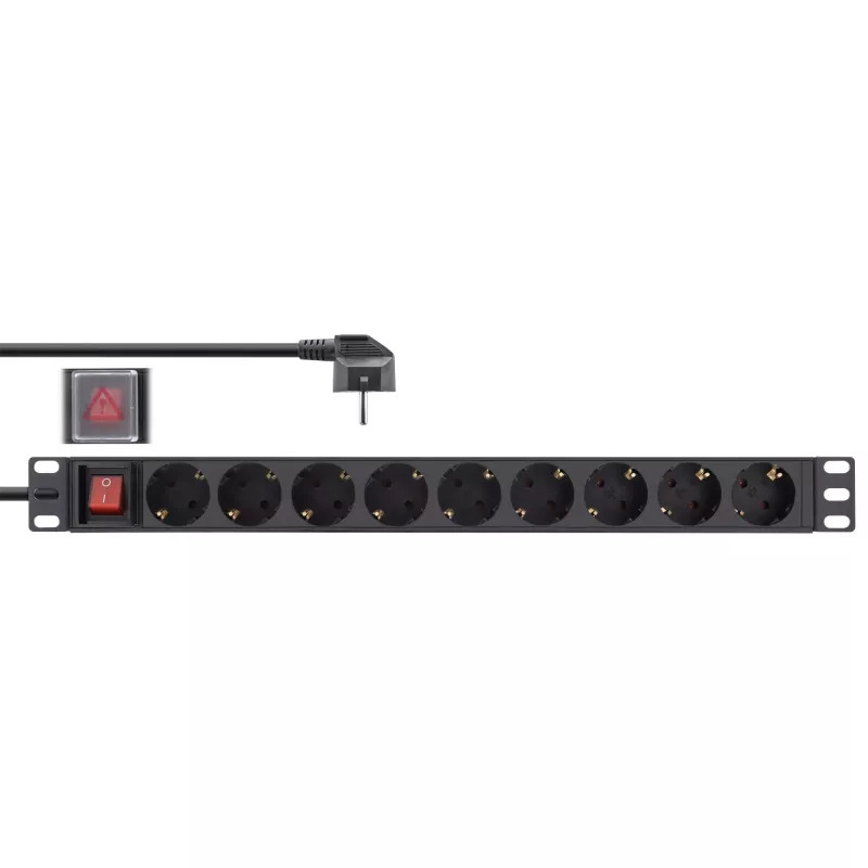 InLine Regleta de enchufes de 19 pulgadas, 9 tomas Schuko, con interruptor, 2m, negro