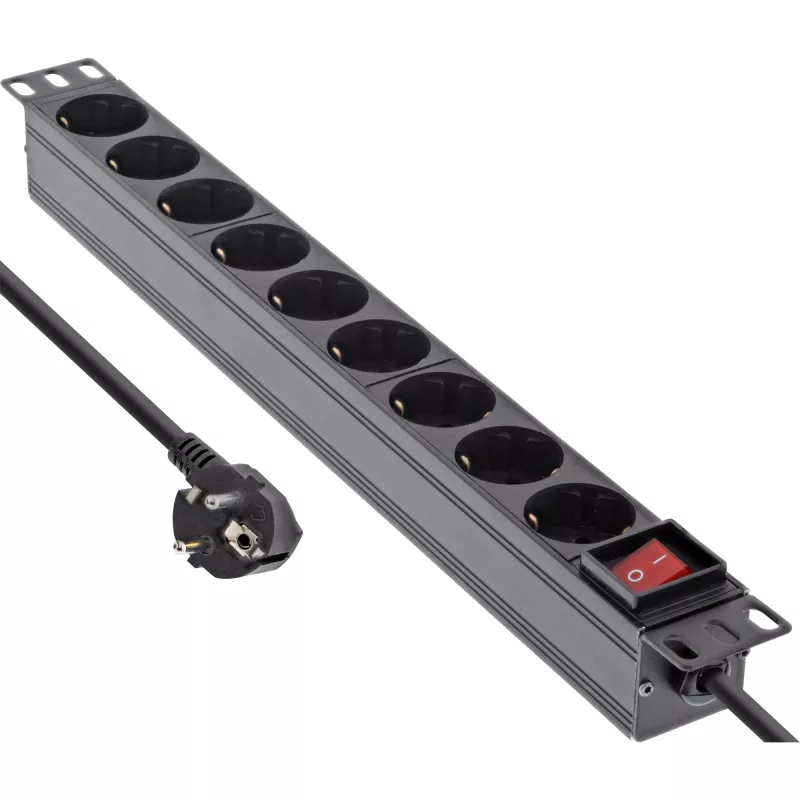InLine Regleta de enchufes de 19 pulgadas, 9 tomas Schuko, con interruptor, 2m, negro