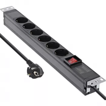 InLine Regleta de enchufes de 19 pulgadas, 6 tomas Schuko, con interruptor, 2 m, negro