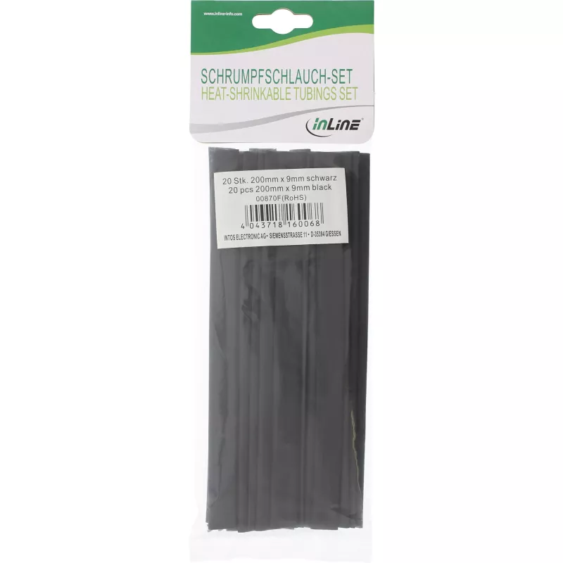 Set de tubo termorretráctil InLine 200 mm de longitud, diámetro 9 mm → 4,5 mm, 20 uds., negro