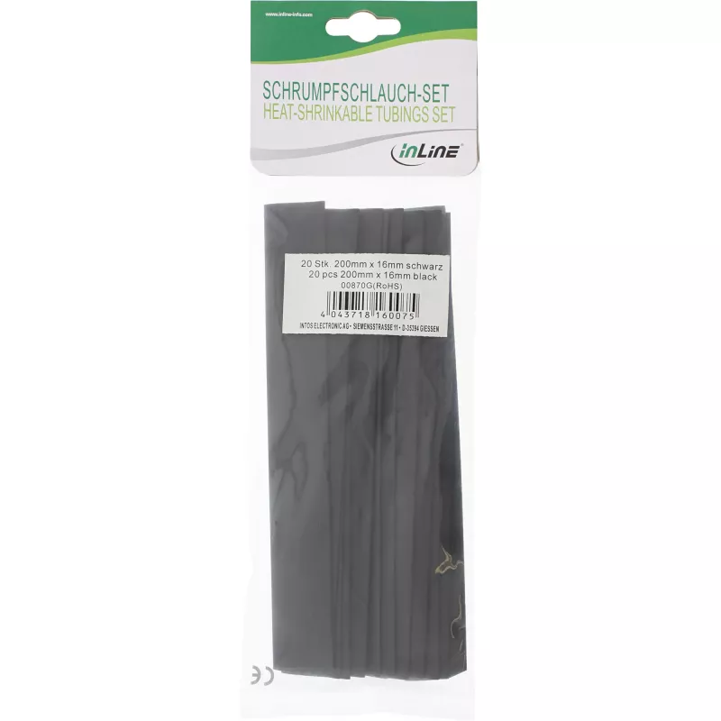 Tubo termorretráctil InLine 200 mm, diámetro 16 mm → 8 mm, 20 uds., negro