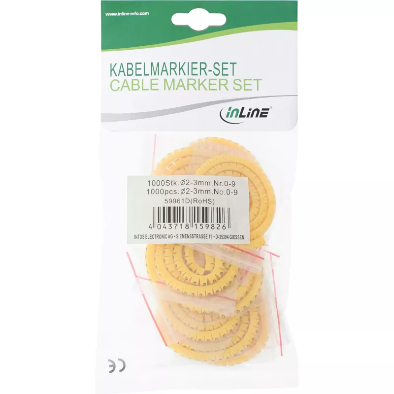 Fundas de marcado de cables InLine 2–3 mm, numéricas 0–9, 1000 uds., amarillo