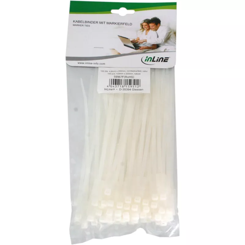 Bridas con etiqueta InLine 200 mm x 4,8 mm, nailon, 100 uds., natural