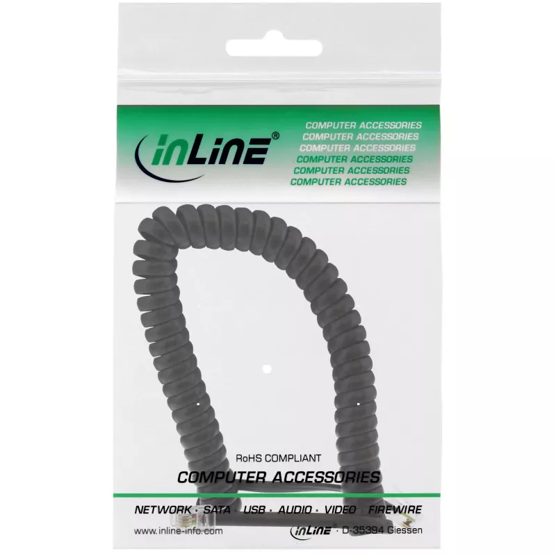 Cable espiral InLine RJ10 directo macho / macho, negro, hasta 4 m
