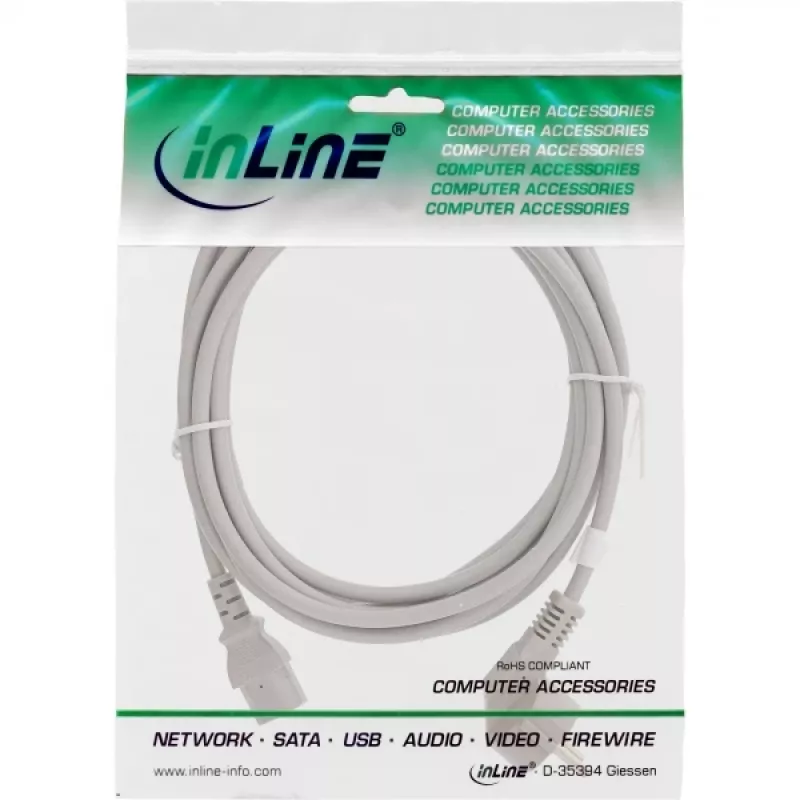 Cable de alimentación InLine, CEE 7/7 acodado / 3 polos IEC C13 macho, gris, 1,5 m