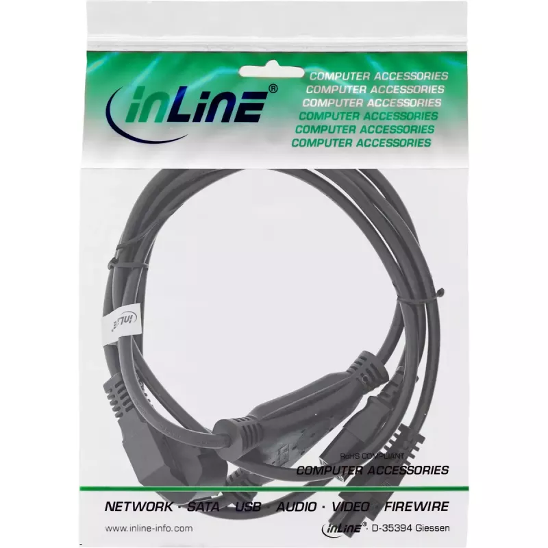 Cable de alimentación en Y InLine CEE 7/7 macho acodado / 3 polos IEC C13 y C5 macho, 2 m