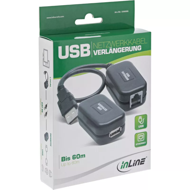 Extensor USB InLine hasta 60 m mediante cable de red RJ45 Cat.5e o superior