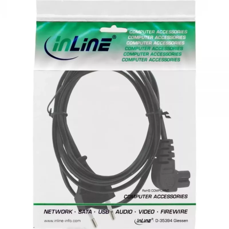 Cable de alimentación InLine, enchufe euro / conector euro8 acodado, negro, 2 m