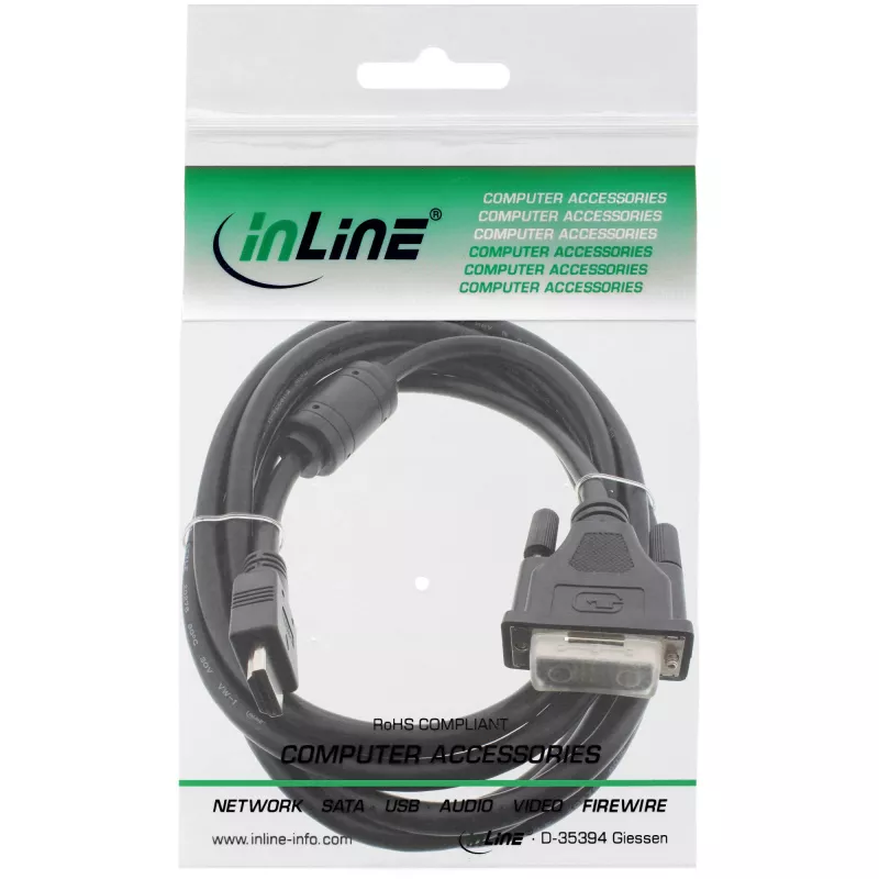 Cable HDMI-DVI InLine 19 pines macho / 18+1 macho + núcleo de ferrita negro 3 m