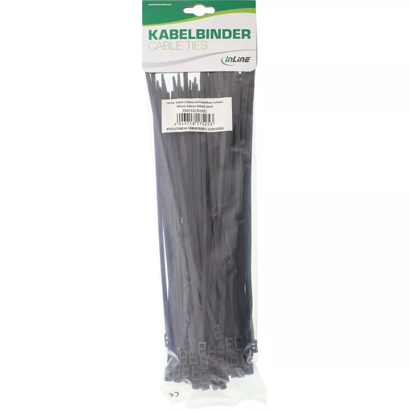 Bridas de doble cabeza montables InLine 300 mm x 4,8 mm, nailon, negro, 100 uds.