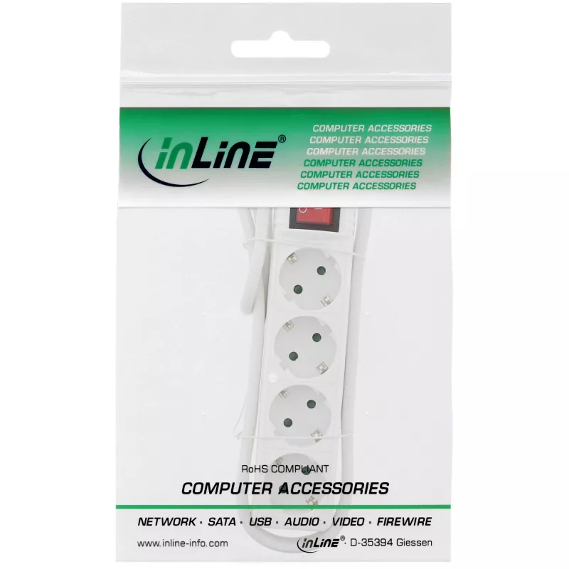 Regleta de enchufes InLine, 4 tomas schuko CEE 7/3, con interruptor, blanca, 1,5 m