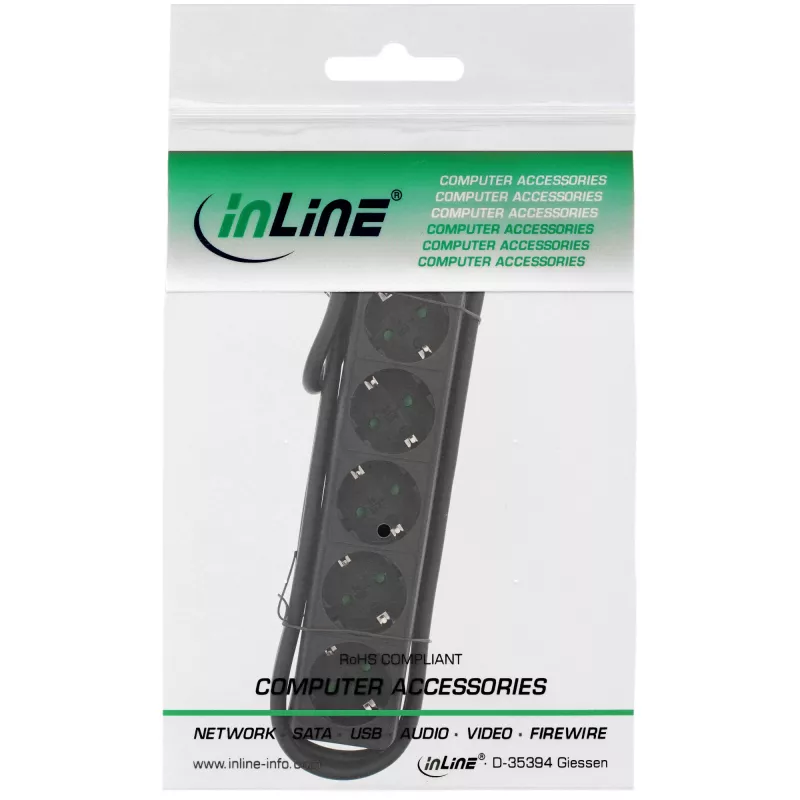 Regleta de enchufes InLine, 5 tomas schuko CEE 7/3, negra, 1,5m