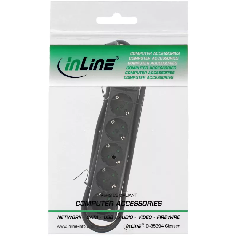 Regleta de enchufes InLine, 5 tomas schuko CEE 7/3, negra, 1,5 m