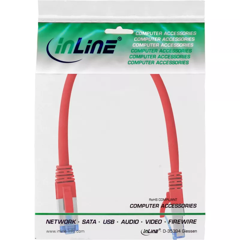 Cable de red S/FTP PiMF Cat.6A libre de halógenos 500 MHz rojo 0,25 m InLine