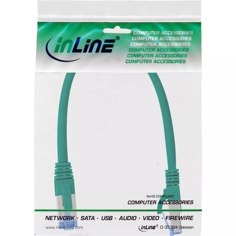 InLine Cable de red S/FTP PiMF Cat.6A libre de halógenos 500MHz verde 0,3m