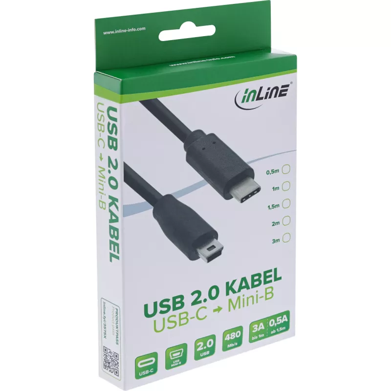Cable USB 2.0 InLine, conector macho USB-C / conector macho Mini-B (5 pines), negro, 0,5 m