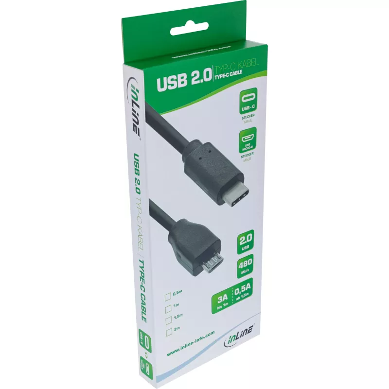 Cable USB 2.0 InLine, conector macho USB-C / conector macho Micro-B, negro, 2 m