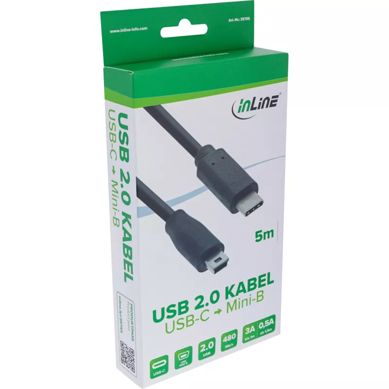 Cable USB 2.0 InLine, conector macho USB-C / conector macho Mini-B (5 pines), negro, 5 m