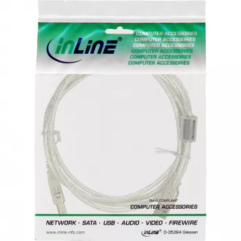 Cable USB 2.0 Type-A macho / B macho transparente con núcleo de ferrita 0,5 m InLine 34505