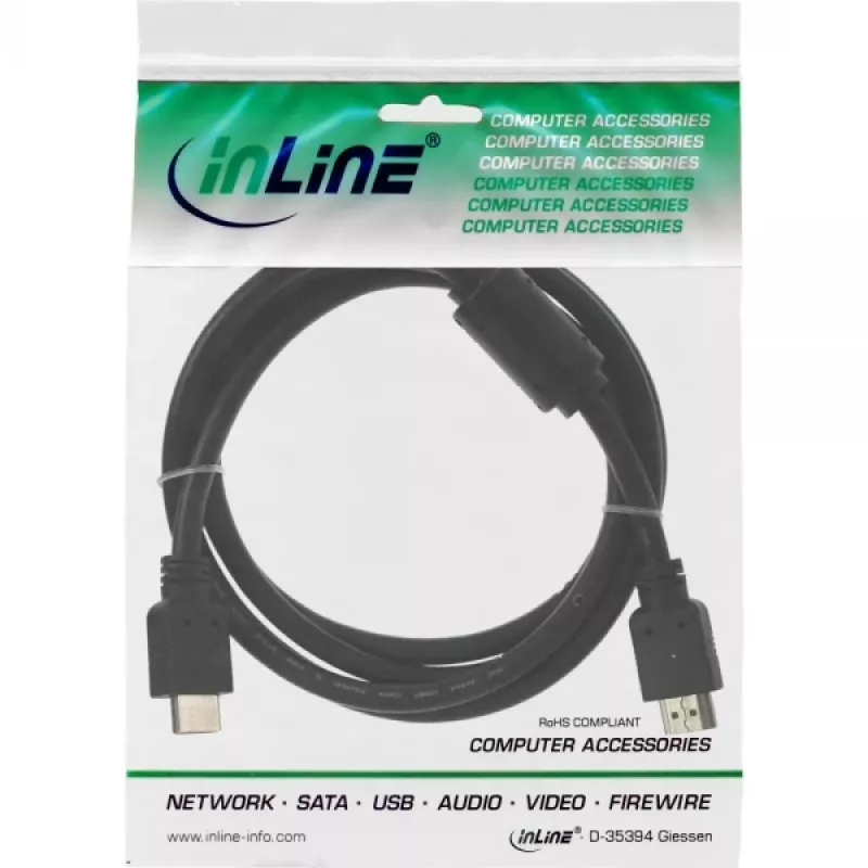 Cable HDMI InLine High Speed macho + ferrita negro, 5 m