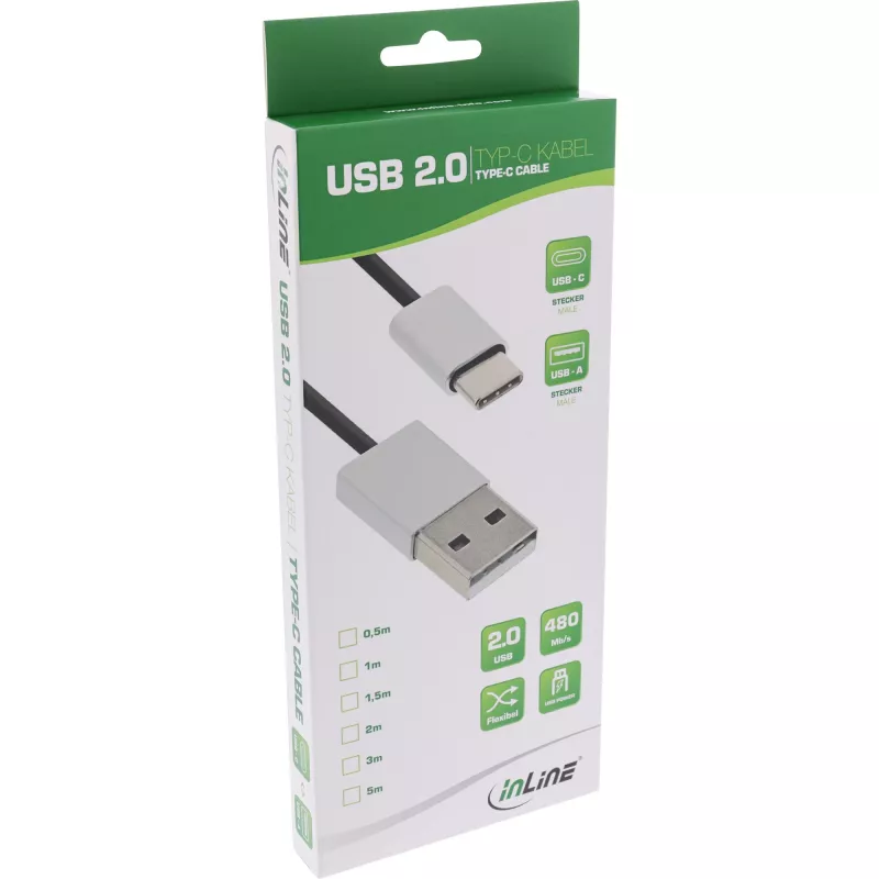 Cable USB 2.0 InLine, conector macho USB-C / conector macho USB-A, negro/aluminio, flexible, 1 m