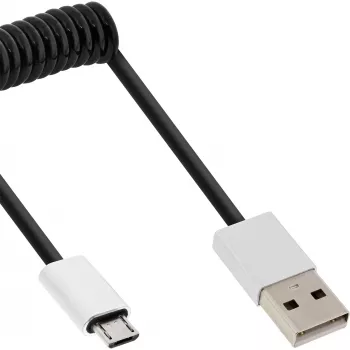 Cable Micro-USB 2.0 en espiral InLine, Type-A/Micro-B macho/macho, negro/aluminio, flexible 3 m