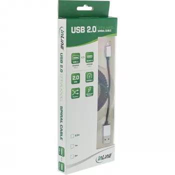 Cable Micro-USB 2.0 en espiral InLine, Type-A/Micro-B macho/macho, negro/aluminio, flexible 3 m