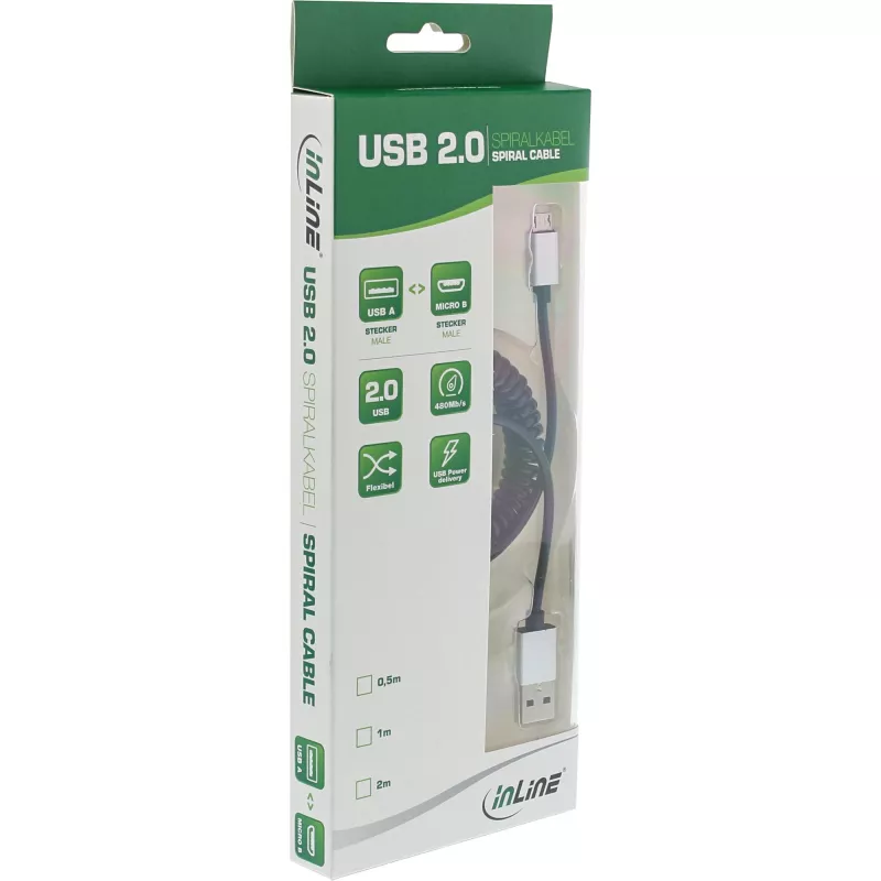 Cable Micro-USB 2.0 en espiral InLine, Type-A/Micro-B macho/macho, negro/aluminio, flexible 3 m