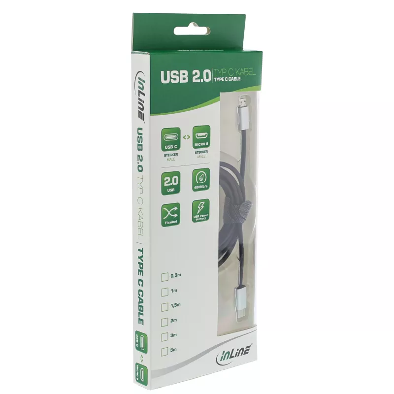 Cable USB 2.0 InLine, conector macho USB-C / conector macho Micro-B, negro/aluminio, flexible, 1,5 m