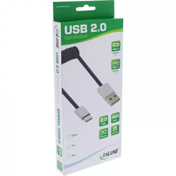 Cable USB 2.0 en espiral InLine, conector macho USB-C / conector macho USB-A, negro/aluminio, flexible, 1 m