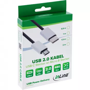 Cable USB 2.0 InLine, conector macho USB-C / conector macho Micro-B, negro/aluminio, flexible, 0,5 m
