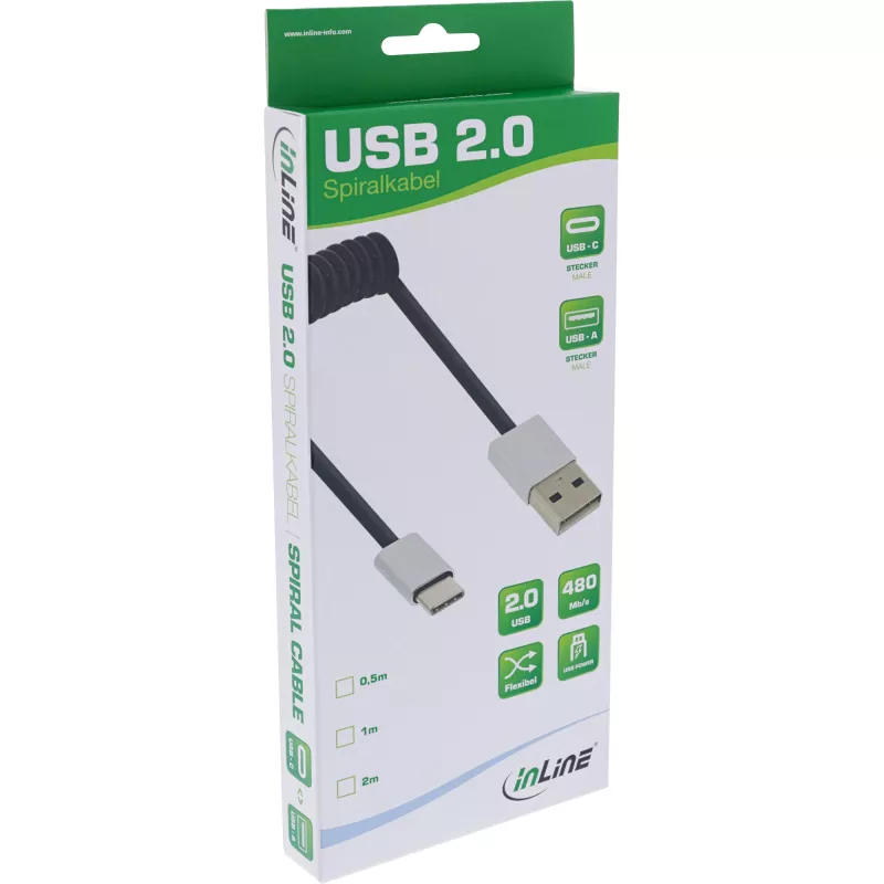 Cable USB 2.0 en espiral InLine, conector macho USB-C / conector macho USB-A, negro/aluminio, flexible, 2 m
