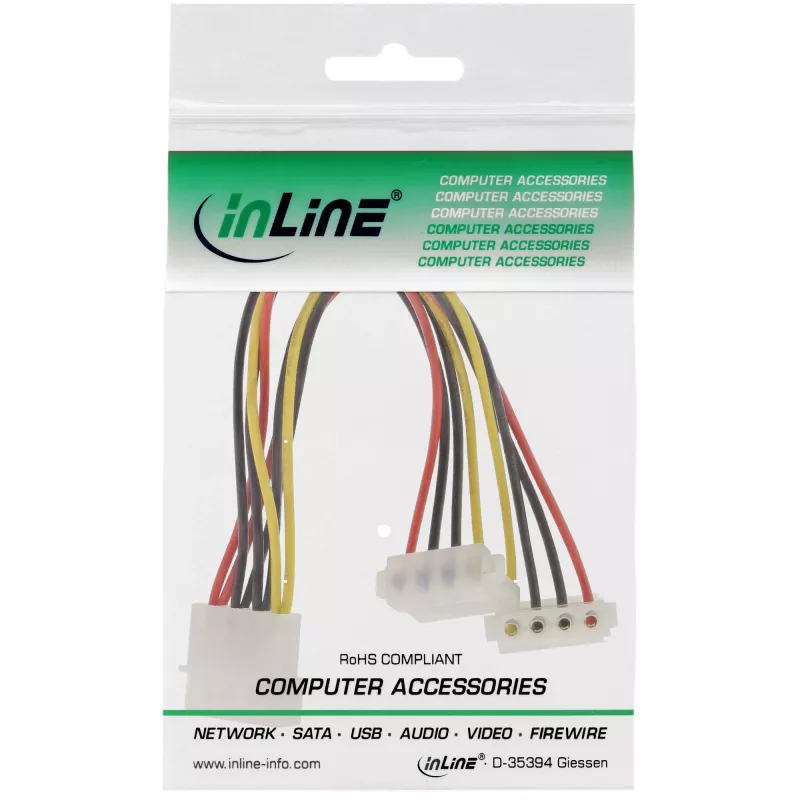 Cable de alimentación en Y interno InLine 1x 4 pines Molex / 2x 4 pines Molex en ángulo 0,15 m