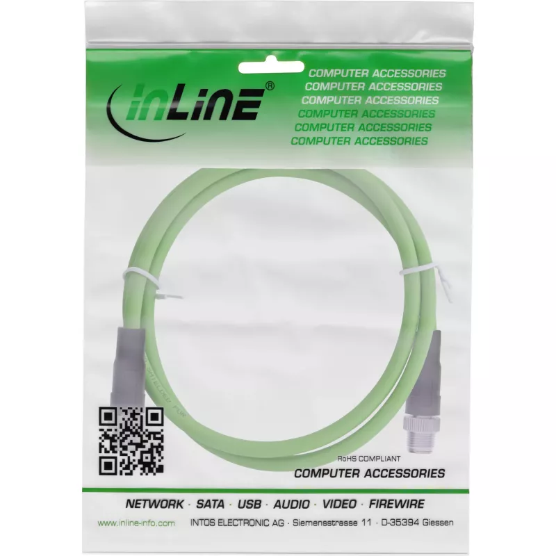 Cable de red industrial InLine, M12 8 polos codificado X conector macho/conector macho, Cat.6A PUR 2 m