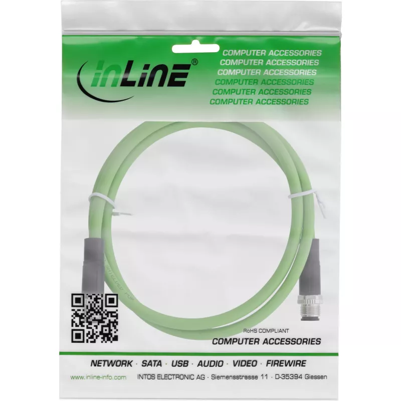 Cable de red industrial InLine, M12 4 pines codificación D macho/macho, PUR 2m