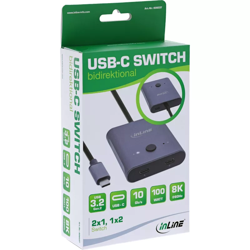 Conmutador USB-C InLine, conmutador bidireccional, 10 Gb/s, 100 W