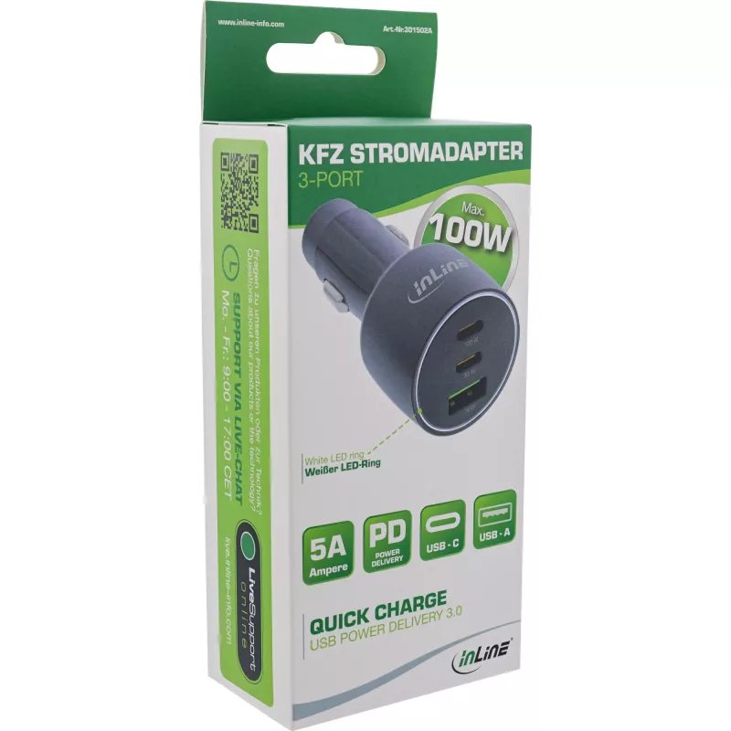 Cargador de coche USB InLine Power Delivery, 2x USB-C + QC USB-A, negro