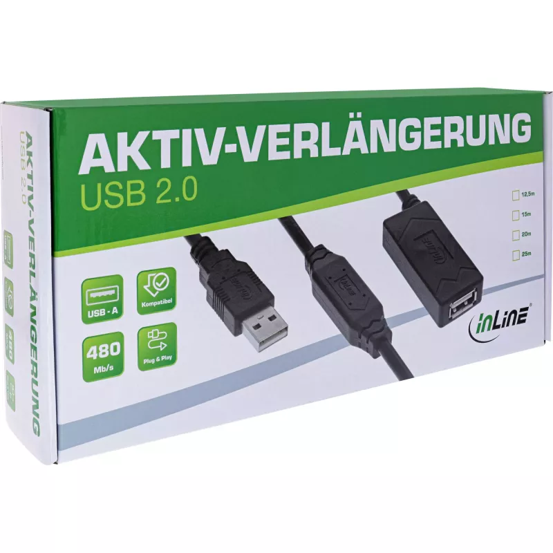 InLine USB 2.0 Alargador activo USB-A conector macho/hembra 20 m 0,48 Gbit/s