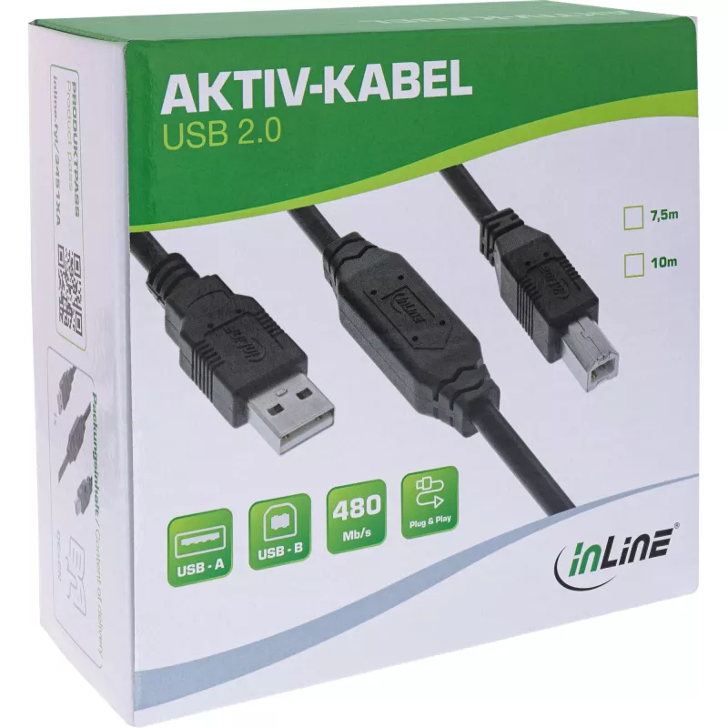 InLine cable activo USB 2.0, USB-A conector macho a USB-B conector macho, 10 m