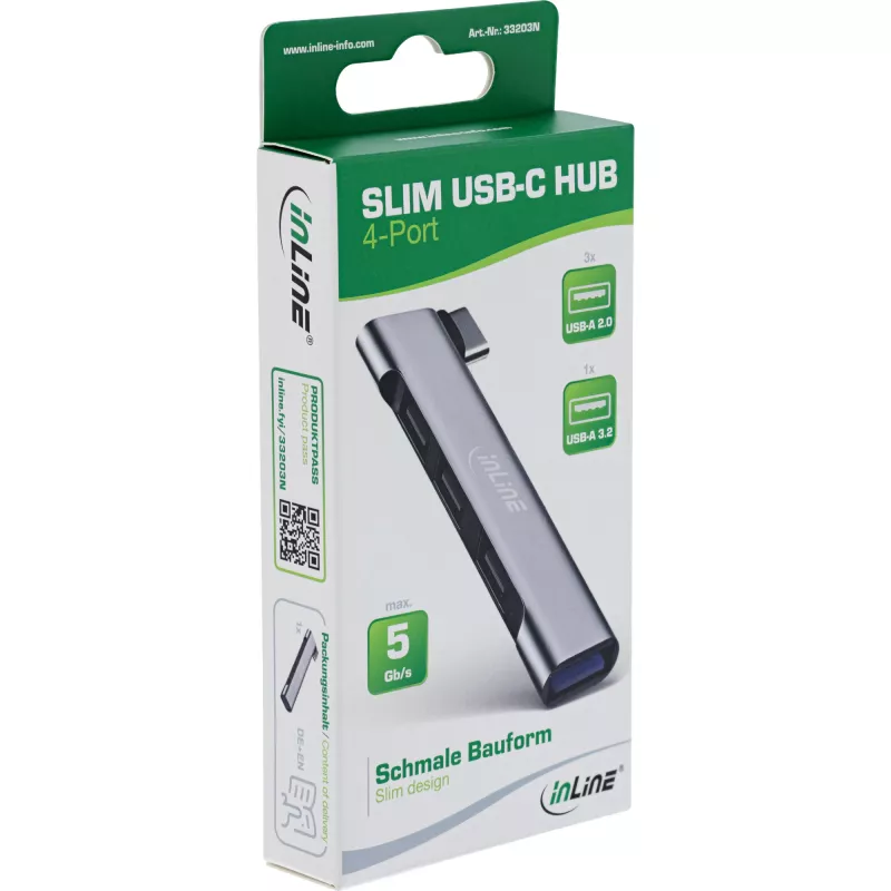InLine hub USB-C compacto, 4 puertos, USB 3.0 + 3x USB 2.0, diseño compacto
