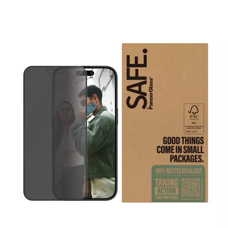 PanzerGlass SAFE. by ® protector de pantalla con filtro de privacidad iPhone 16 | 15 | Ultra-Wide Fit | BULK