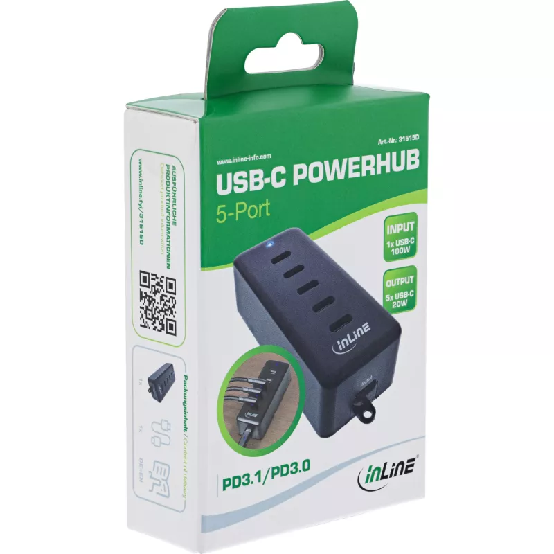 Cargador de interior USB-C de extensión 5 puertos 100W InLine compatibilidad universal