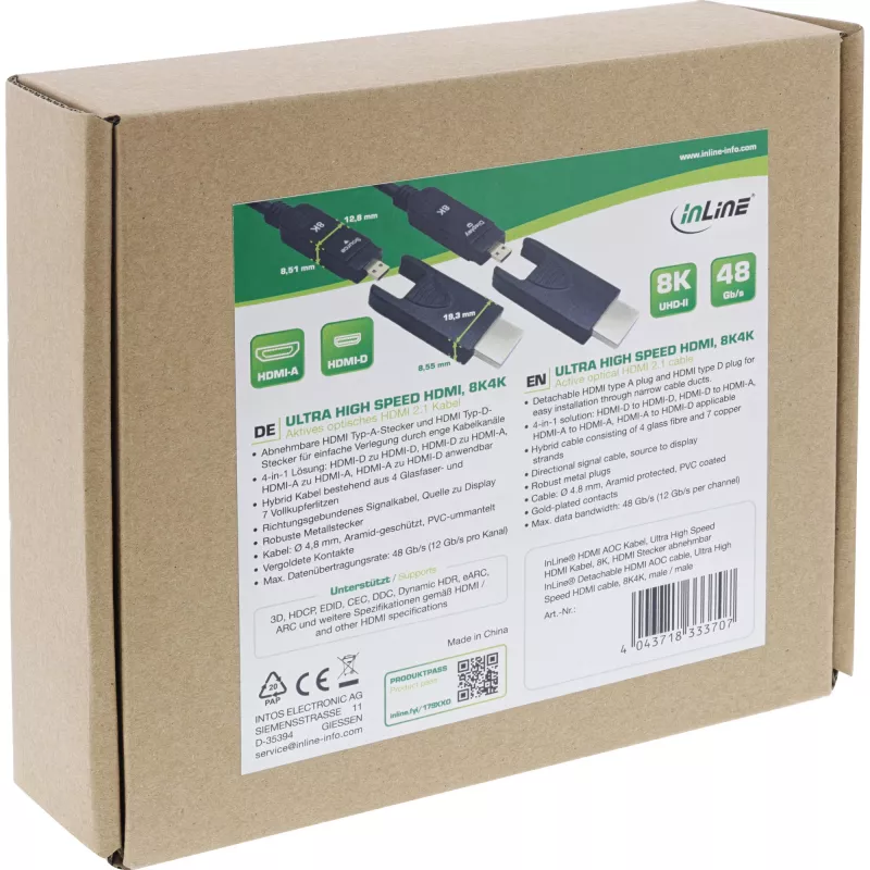 Cable HDMI AOC InLine, Ultra High Speed HDMI, 8K4K, conector desmontable, 10m