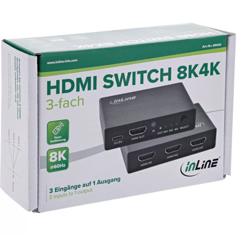 Conmutador HDMI InLine 65020 3 puertos 8K 60Hz HDCP 2.3