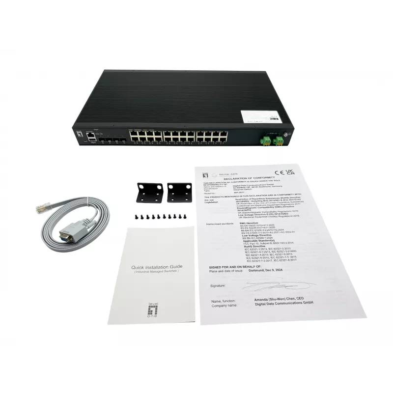 Switch industrial gestionado L2 Plus PoE LevelOne de 28 puertos, 4 x 1/2.5/10GbE SFP+, 24 salidas PoE, 370W, 802.3AF/AT/BT PoE, montaje en rack de 19