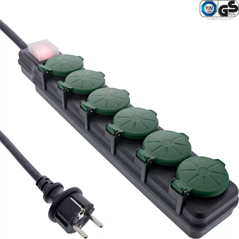 Regleta de enchufes InLine 16496T 10 m 6 salidas AC Interior/Exterior Negro, Verde