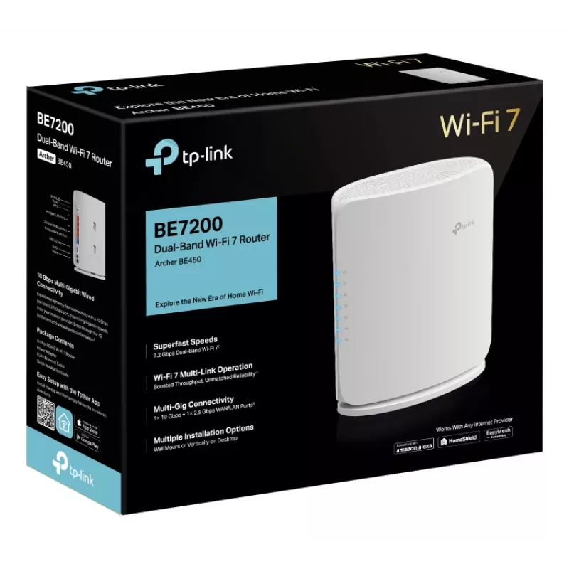 Router Wi-Fi TP‑Link Archer BE450 — Dual‑Band (2,4/5 GHz), Wi‑Fi 7, Multi‑Gigabit Ethernet, 5x LAN, USB, blanco