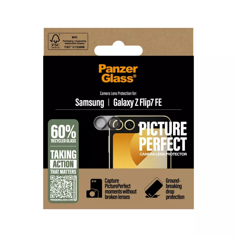 Protector de objetivo de cámara PanzerGlass PicturePerfect para Samsung Galaxy Z Flip7 FE — vidrio templado, silicona, transparente, 1 unidad
